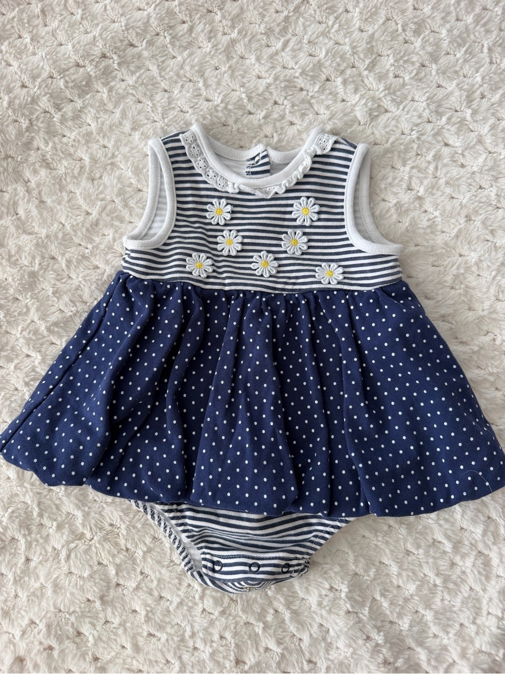 Little Me Navy & White Daisy Stripe Dress Bodysuit